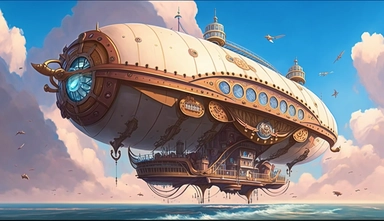create a realistic anime-style image of a Beautifully elegant fantasy airship with a sleek wooden hull similar to Wooden naval sailing ships from like a clipper or brig suspended by rope and cable from a canvas blimp, Steampunk fantasy, victorian, western, Scenic views, Bright lighting, blue skies, Sample artists like Hiroshi Ono, Yohei Miyahara, Tomoyuki Shimizu, Mikiko Watanabe, and Kazuo Nagai, give it a dynamic composition, energy and excitement,