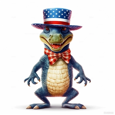 full perspective, american patriotic alligator wearing a hat clipart illustration, centred, vibrant colors, add the flag, on a white background, no watermark, no logo, no writing