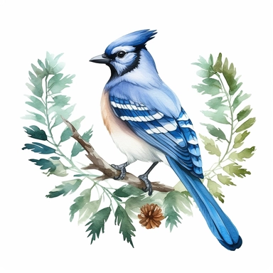 Minimalistic foliage clipart, blue jay,single design, watercolor, vector