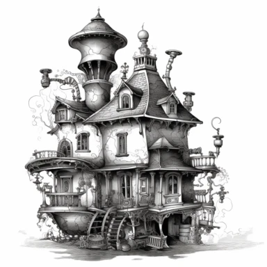 scary horror Steampunk one house Clipart, Retro Futuristic Victorian Era Art, white background