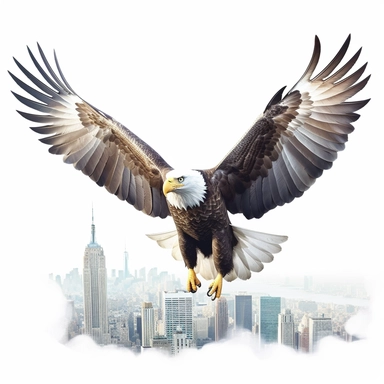 eagle flying, empire state building in the background, clipart, white background
