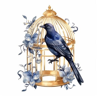 a beautiful raven in a gilded cage watercolor clipart