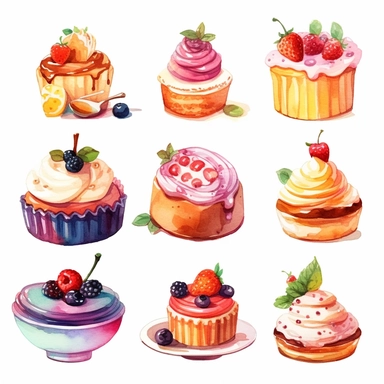 watercolor desserts clipart, flat style, no volume, few details, washed out, minimalistic style, very lose details, very light colors, transparent colors, light airy hues and pastel tones, spaced out, white background, washed out colors and paint, hand-painted watercolor, watercolor paper with visible rough paper texture, a variety of watercolor brushes, do not cross workspace borders, rough watercolor paper texture on top