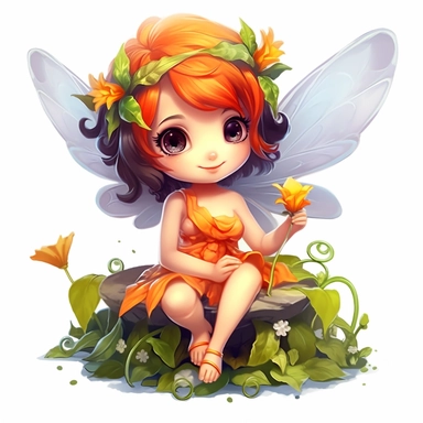 Enchanting little fairy with orange wings, perched delicately on a flower, enchanting viewers with a charming smile, deep, expressive eyes, and twinkling wings, on a white canvas with deep, captivating colors and high contrast. clipart