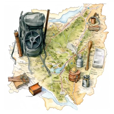 Detailed Watercolor hiker map clipart
