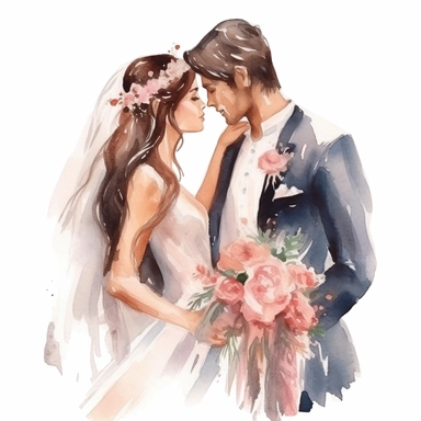 Glamorous and romantic wedding realistic watercolor, the beautiful bride and groom looking at each other with love. Smiling and happy wedding coupe. The bride is wearing long dark hair wearing boho jewelry and a veil, translucent, multi-layered, and delicate, with a bouquet of flowers of very delicate colors, fashion photography, watercolor clipart