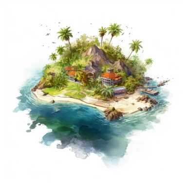 Isolated images, illustrations on a white background, realistic island, tile map, Clipart, watercolor, realistic, isolated, full building, highly detailed, hdr, 32K, photo expert quality, watercolor realistic, hyperrealistic and highly detailed, isolated on a white background