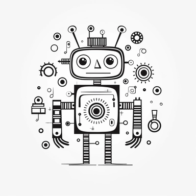 drawn illustration cute doodle (robot), clip art, digital art, vector, isolated transparent background, clean line art, simple strokes, minimalist style, straight lines, curves