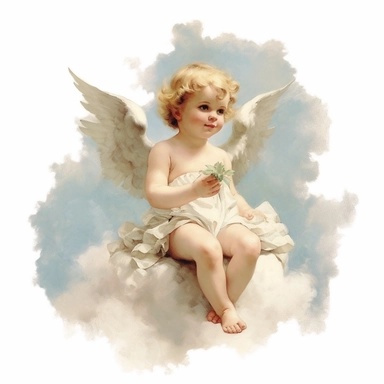 clipart vintage adorable little baby angel sitting on a cloud, full body, pastel beige colors, clipart style, accurate details, oil painting technique, super high quality, professional watercolor clipart, high resolution
