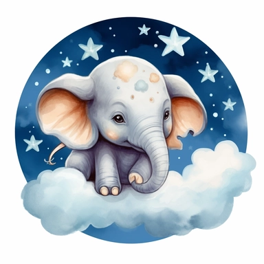 clipart of baby elephant with moon, stars and clouds