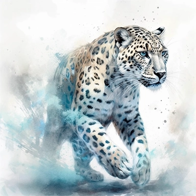 High level watercolor, hyper realistic, white background with fields, 8k, ultra detailed clipart, big, futuristic, cheetah walking through the forest, its frosty breath creates swirling snowflakes and ice formations in the air, fabulous, cool, pastel blue