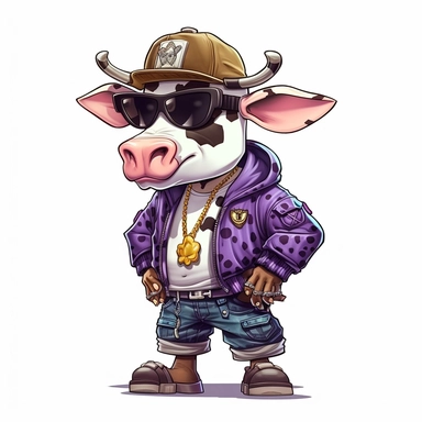 highly detailed clipart of a furry baby cow calf like person standing up wearing a baseball cap and dressed in 2000's style hip hop rapper fashion and sneakers and jewelry. child like looking furry cow. Nelly the rapper style.