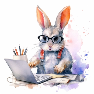 watercolor clipart, cute funny bunny, in style programmer, working on a computer, With an intelligent look, funny and floppy ears, white background, no watermarks, suitable for printing