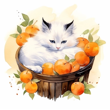 Watercolor black colored nose white birman kitten peacfully sleeping in a laundry basket clipart, birman breed kitten, peacefully sleeping kitten, eyes closed, similing kitten, surrounded by oranges and orange leaf and branches, couple of oranges, high detail oranges, high quality drawing, high quality, body visible, summer colors, hairs are visible, summer day theme, valentines day theme, full body kitten, crawling in basket, peacefull feeling, childlike innocence and charm, shy kitten, Oh my g