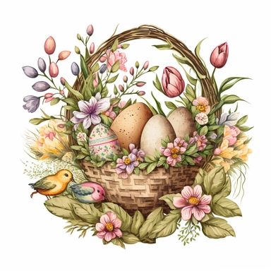 funny drawn sketch easter eggs with romanian traditional pattern in a a basket with flowers on white background, artistic painting, easter spring scene, add some spring leaves, add some flowers, add some rabbits and butterflies, pink sgades, watercolor, clipart, 2d, sketch style, no text