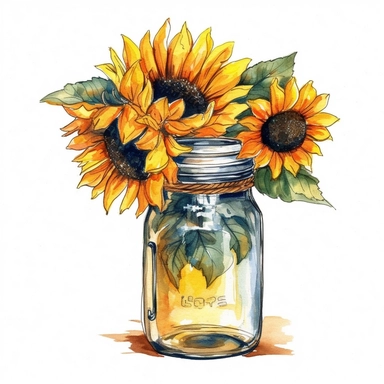 sunflower in a jar drawn in watercolor, vector design, cutout,Sublimation Clipart ,Cartoon,hyper realistic, intricate detail, illustration style,high solution,on the white background