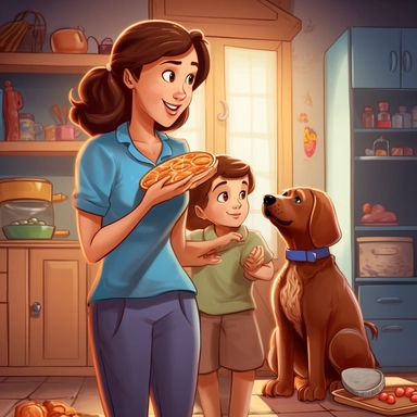 Mom with brown hair and a blue T-shirt. In her hands, she holds a tin and gingerbread. She is leaving a kitchen.The dog looked as mum takes the gingerbread cookies away from the kitchen. It must be clipart
