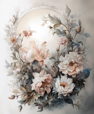 watercolor painting of quater moon on white background beautiful multi - headed pale, Flora Design Patterns, Flemish Baroque by Rachel Ruysch, Behance, Rococo, Intricate Detailed, Soft Light Effect, Oil Paint Strokes, Light Academia Aesthetic Flowers, Lig