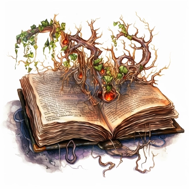Solid white background, Detailed watercolor open ancient magic book with carnivorous vines swelling from the book's pages clipart. The visable pages of the book have fire etched runes on them visibly.