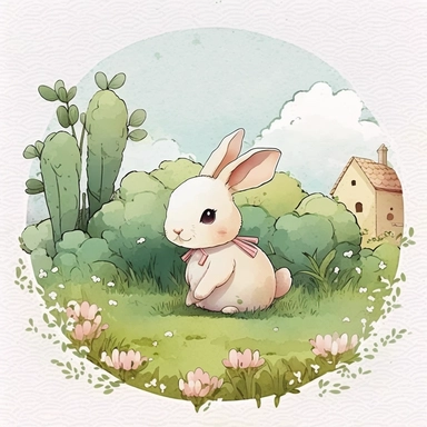rabbit playing happily on grass on a beautiful garden, Watercolor Clipart,comic, strybk, full Illustration, 4k, sharp focus, watercolor, smooth soft skin, symmetrical, soft lighting, detailed face, concept art, muted colors, watercolor style, strybk, children's style fairy tales, chibi kawaii, Octane rendering, 3d. Perfect face, detailed face, delicate face, perfect sharp lips, detailed eyes. no 2 heads, no 2 faces, no cropped image, no out of frame, no deformed hands, no twisted fingers, no dou