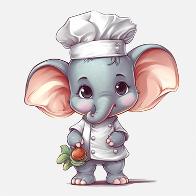 cute baby elephant in a Chef Costume, cartoon clipart, isolated white background, 32k