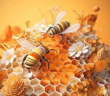 3D honey bee clipart, in the style of whimsical collage work, layered mesh, brothers grimm, grid, cartoon mis-en-scene, dark white and light amber, cute and colorful