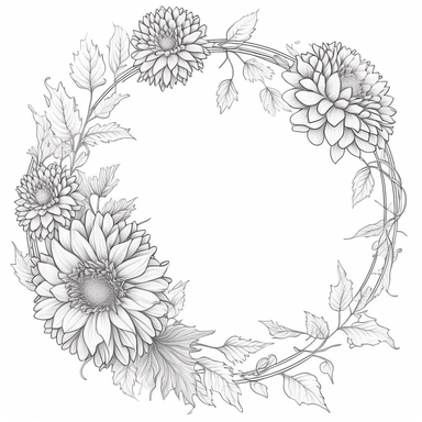 circle Botanical Frame, dahlia, clipart, white background, continuous line