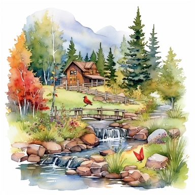 watercolor clipart painting of a Colorado mountain landscape, with evergreen pine trees, pinecones and sage green trees, with some yellow aspen trees and white birch trees, log cabin in the wood with smoke coming out of the chimney. there is a little bridge over the blue and green stream with rocks and lily pads in the babbling brook, a red cardinal and some hummingbirds, butterfly and dragonfly, a dusk sky with a moon and a few stars, hd, magical and whimsical illustration with a little gold gl