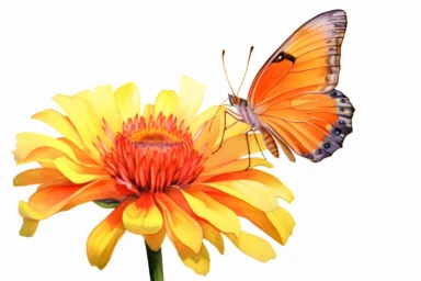 Watercolor, Generate an image of an Orange Barred Sulphur butterfly feeding on the nectar of a vibrant orange flower, clipart, hd, on a white background, spaced out