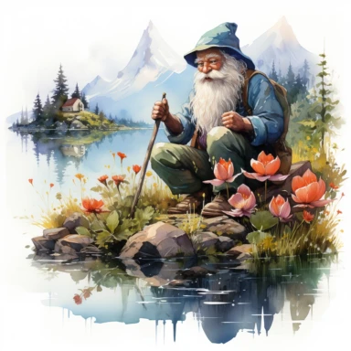 gnome fishing, mountain lake, cabin, vibrant color, clipart, watercolor illustration, white background