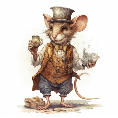 Mouse as saloon bartender, dressed in a waistcoat, bow tie, and apron, standing behind a saloon bar, ready to serve drinks and keep the peace among the patrons, by martha morrison 0 12, in the style of fantasy characters, neo-victorian, beatrix potter, magali villeneuve, playful character design, Dusty Brown and Sand Beige and Rust Orange and Sage Green and Denim Blue and Crimson Red and Gold and Black and Charcoal Gray and Silver , clipart