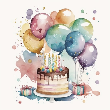 A watercolor illustration showcasing a delightful birthday scene. The clipart features a splendid assortment of balloons in various sizes and colors, gracefully floating against a radiant white backdrop. The balloons seem to dance in the air, casting playful shadows that add depth to the image. A scrumptious birthday cake takes center stage, adorned with colorful frosting, sprinkles, and a cluster of candles waiting to be blown out. The watercolor technique lends a soft and dreamy quality to the
