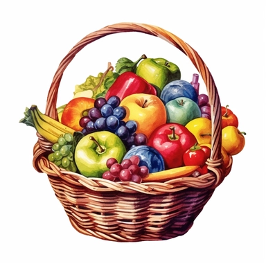 watercolor fresh fruits and vegetables in a wicker basket, transparent png download, in the style of uhd image, quiet potency Clipart desert cartoon t-shirt graphic, vector, contour, isolated on a white background