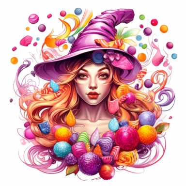 Sharp Illustration of a fantasy candy witch clipart aginst white background in watercolor style, majestic scene, beautiful witch, sweets, vibrant colors, bubble gum, colorful candies, illustration style, vibrant colors, unreal engine 5, detailed illustration, high resolution, high quality, solid white background