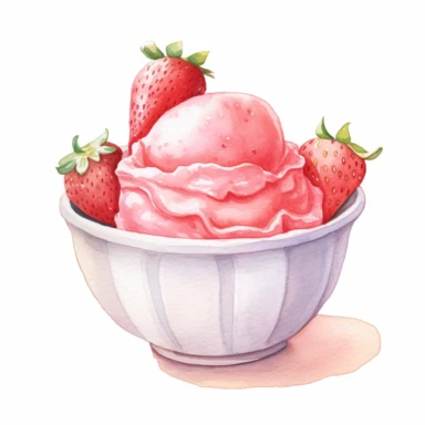 one Strawberry ice cream bowl Watercolor Clipart On a white background , detailed background elements, playful and colorful depictions , no watermark, text, words, paintbrush, typography, the images do not stick together On a white background , in the style of jane newland, detailed background elements, playful and colorful depictions , no watermark, text, words, paintbrush, typography, the images do not stick together
