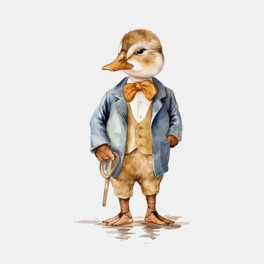 classic Beatrix potter Watercolor svg clipart of a cute adorable jemima puddle duck illustration by Beatrix potter , pastel groom wedding suit , cottage core, png isolated on white background