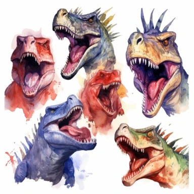 aggressive dinosaurs, clipart set on white background, watercolor