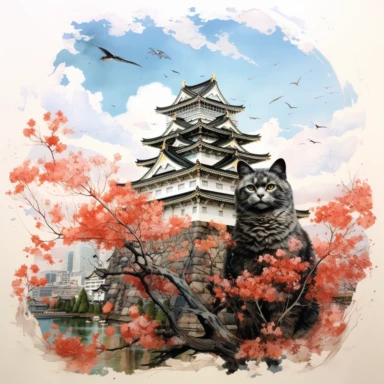 cherry blossoms laden on Osaka Castle Bottom, Siamese Cat wearing a Japanese kimono, sunrise, Clipart Watercolor