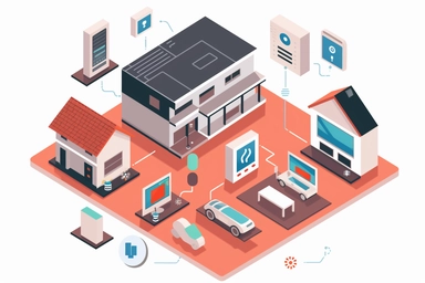 homes equipped with smart technology, including automated appliances and security systems clipart, HD, with white background, spaced out