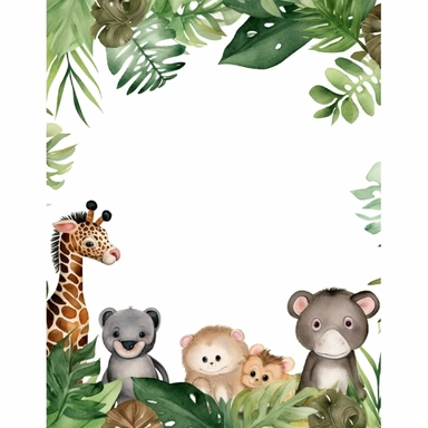 create a digital clipart frame of jungle baby animals and forest, white background, 4k