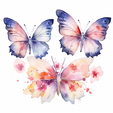 watercolour butterfly clipart on flowers, white background, no text
