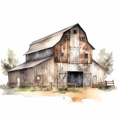 watercolor rustic farm barn clipart, white background