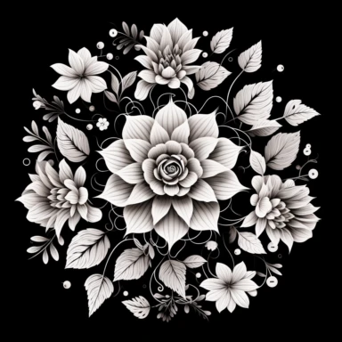 mandala made of flowers , in circle shape, ornate, lineart, clipart, black and white, png , black background, realistic
