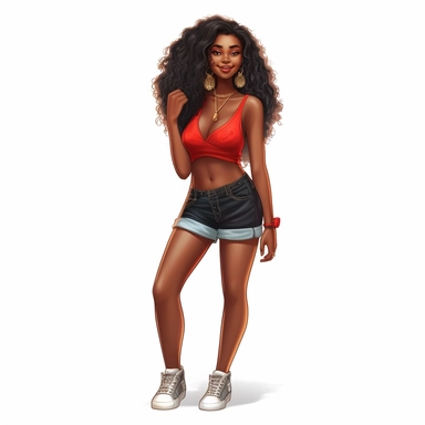 beautiful black teenage girl with beautiful flowing mid-length hair, dressed casually. Full perspective and, long shot A young black woman with full lips and a big beautiful smile, dressed in black shorts and a red tank top, has mid-length flowing hair and beautiful shapely legs, wearing heels, clipart in the style of digital airbrushing, feminine sticker art, dollcore, realistic face, realistic body, glamorous,