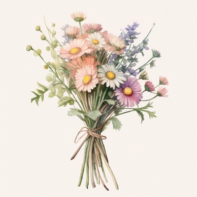 wild flowers with long stems tied together with string to make a bouquet, super-realistic, detailed, watercolor, light colors, clipart, minimalist