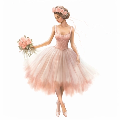 Make a clipart of a beautiful photorealistic ballerina in a coral color jeweled tutu, give her light brown hair wearing a jeweled tiara, make her holding a bouquet of peach colored longstemmed roses, show her full body use pastel colors, watercolor style, white background