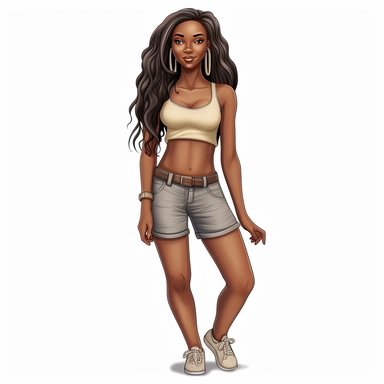 beautiful black teenage girl with beautiful long hair to her waist, dressed casually. Full perspective and, long shot A young black woman with full lips and a big beautiful smile, dressed in khaki shorts and a tank top, has long hair and beautiful shapely legs, wearing heels, clipart in the style of digital airbrushing, feminine sticker art, dollcore, realistic face, realistic body, glamorous,