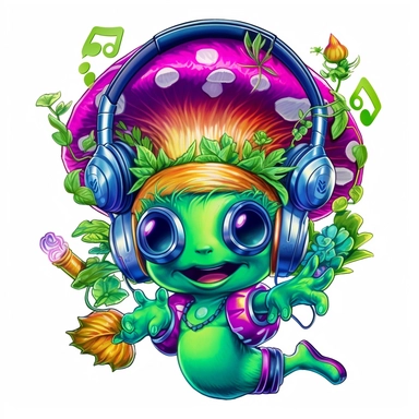 lisa frank style clip art cartoon of green alien with headphones on dancing with mushrooms