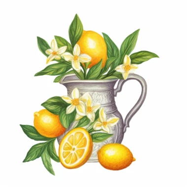 Design a dreamy watercolor clipart of Provence-inspired Orange blossoms and lemon leaves arranged in a vintage pitcher composition, hand-painted with soft and graceful brushstrokes. Draw inspiration from the artistic finesse of Ethereal Petals Watercolors for a refined and ethereal depiction. isolated on a white background, hand-drawn illustration, hand-painted watercolor texture, 16k UHD resolution, intricately detailed, sharp focal points, designed by Ana Victoria Calderon and Holly Exley, i c