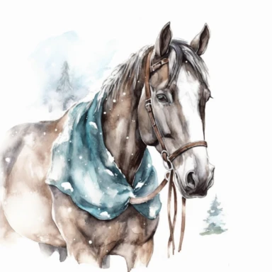 adorable watercolor winter illustration clipart, horse in the snow, winter, highly detailed, markers copic style, white background